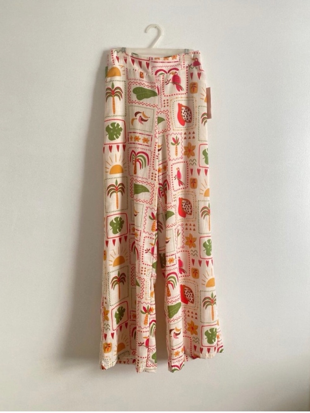 Wide Leg Printed Palazzo Pants in Cream with Multicolor Motif Fits like a XXS